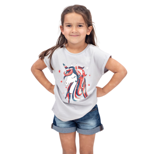 Toddler Girls Short Sleeve T-shirt - Unicorn Red/White/Blue