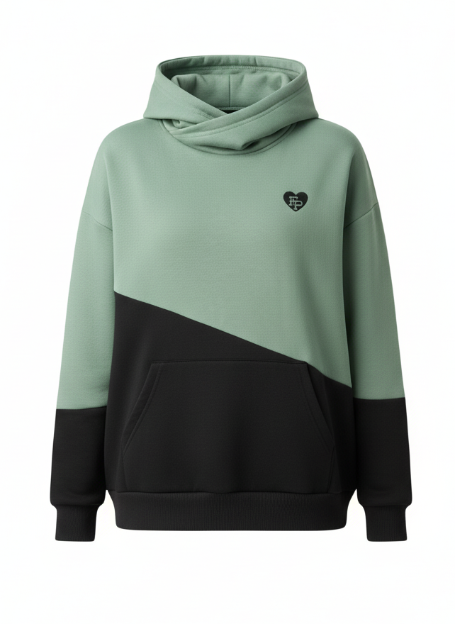Two-tone green and black hoodie with a small logo on a white background