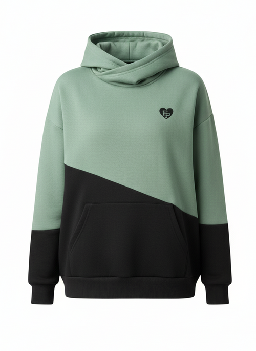 Two-tone green and black hoodie with a small logo on a white background