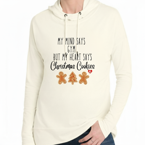 Beige hoodie with text and gingerbread men design on a white background